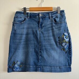 Denver Hayes Blue Denim Skirt with Floral Design